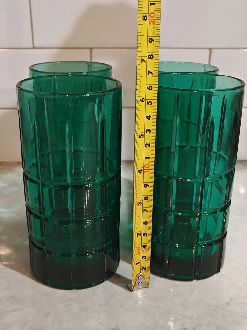 Vintage Anchor Hocking Emerald Green Tartan Plaid Tall 16oz Glass Lot Of 4 Heavy